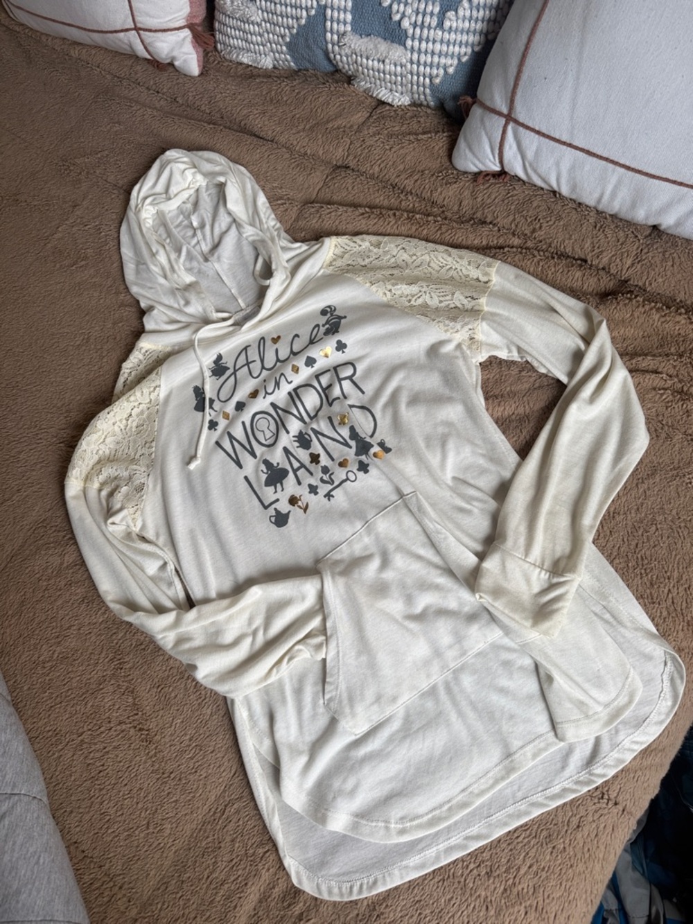 Disney Cream Hoodie with Gold and Black Heart & Suit Marks
